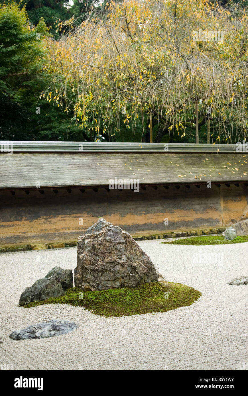 Zen white gravel and rock garden in karesansiu style Ryoanji Temple