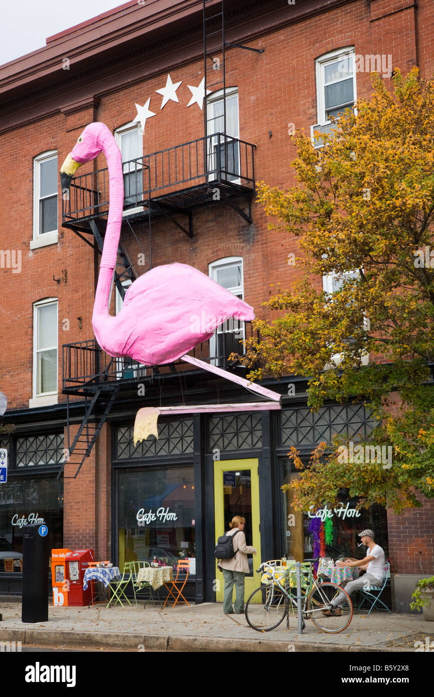 Cafe Hon with pink flamingo inspired by Baltimore native John Waters in Hampden neighborhood Baltimore Maryland USA Stock Photo