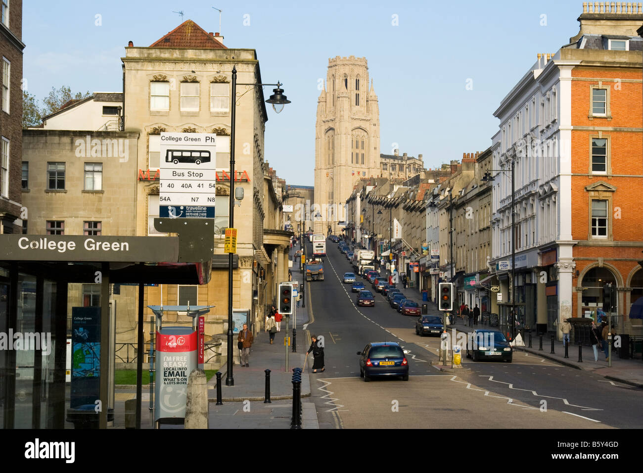Park Street, Bristol, UK. Busy shopping street with Wills Building at