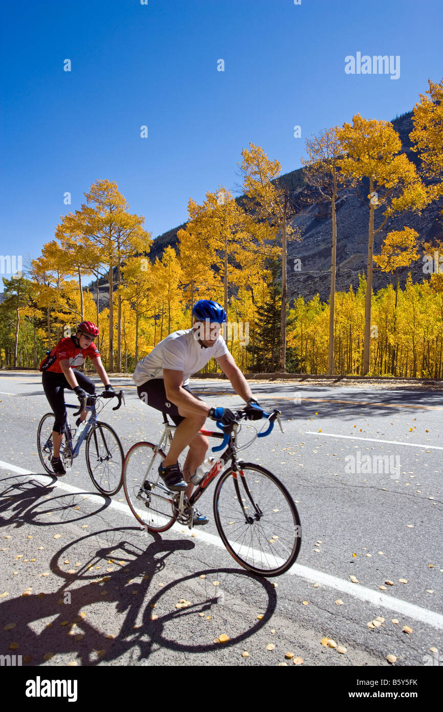 Bicyclists ride over Monarch Pass, Aspen leaves in golden autumn splendor Stock Photo