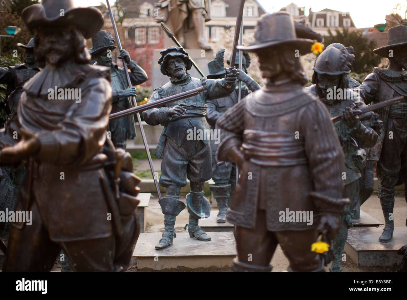 Statues depicting subjects from Rembrandt’s painting The Night Watch fill an area of Amsterdam’s Rembrandtplein Stock Photo