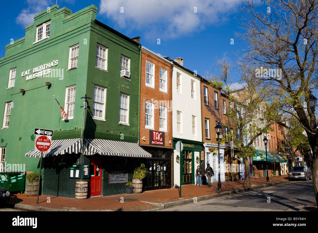 Colorful storefronts Fells Point waterfront of Baltimore Maryland Stock Photo