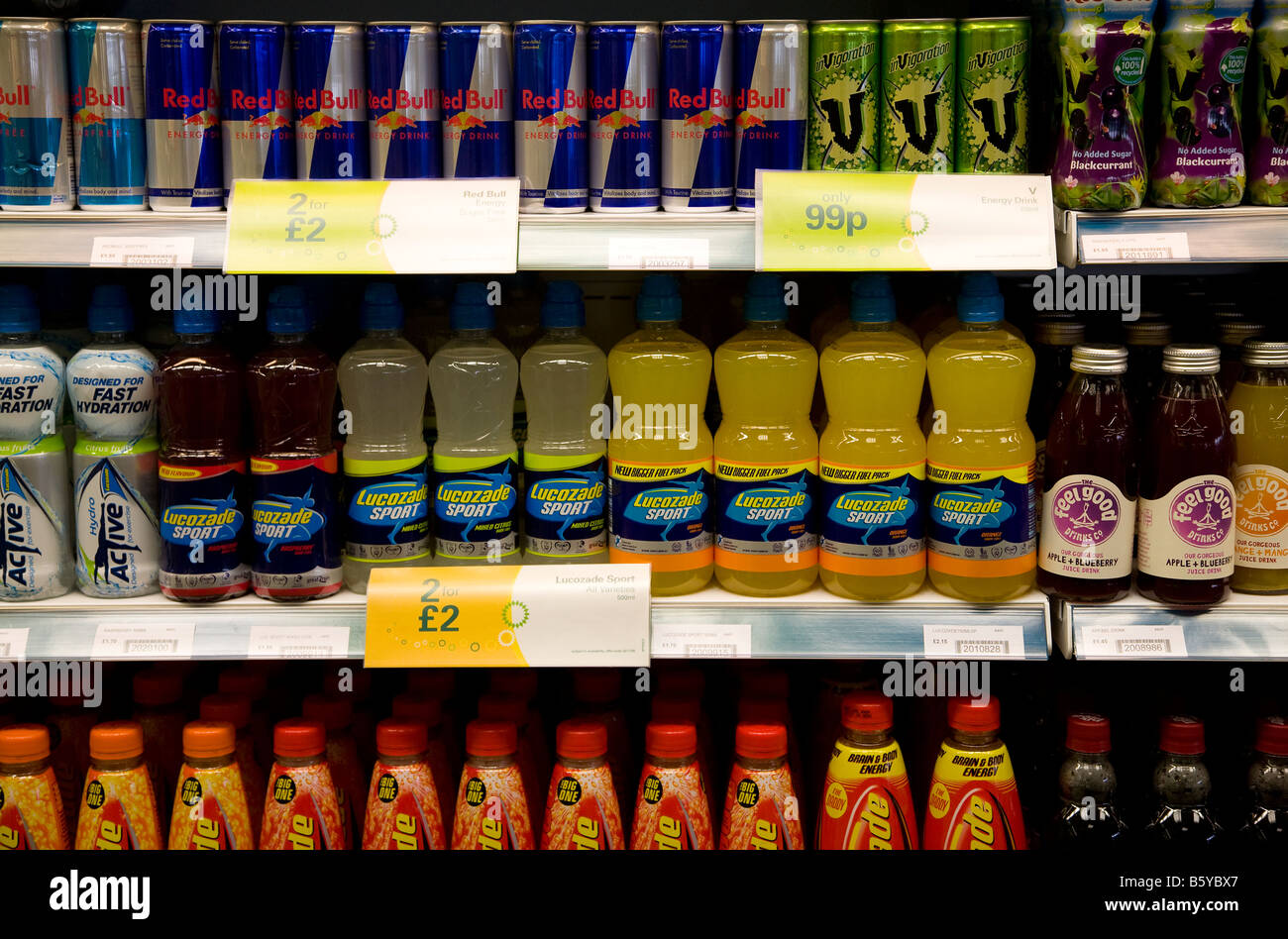 Soft drinks and energy drinks on sale in a shop in the United Kingdom