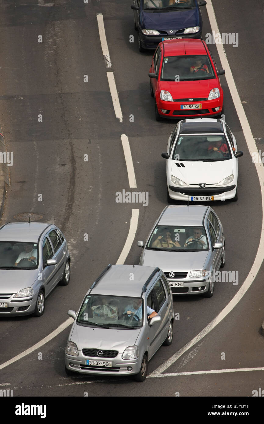 Cars from above going into a roundabout in Ponta Delgada, São Miguel, Azores, Portugal Stock Photo