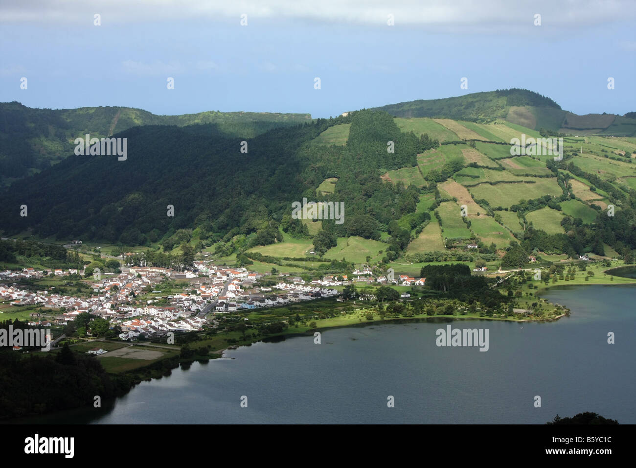 View of the small town Sete Cidades besides the lake Lagoa Azul, São Miguel, Azores, Portugal Stock Photo