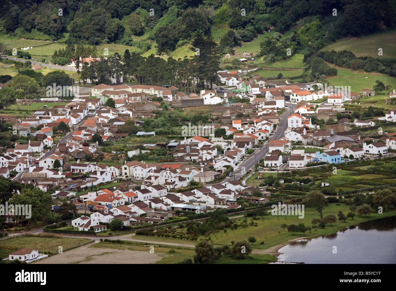 Close up view from above of the small town Sete Cidades São Miguel Azores Portugal Stock Photo
