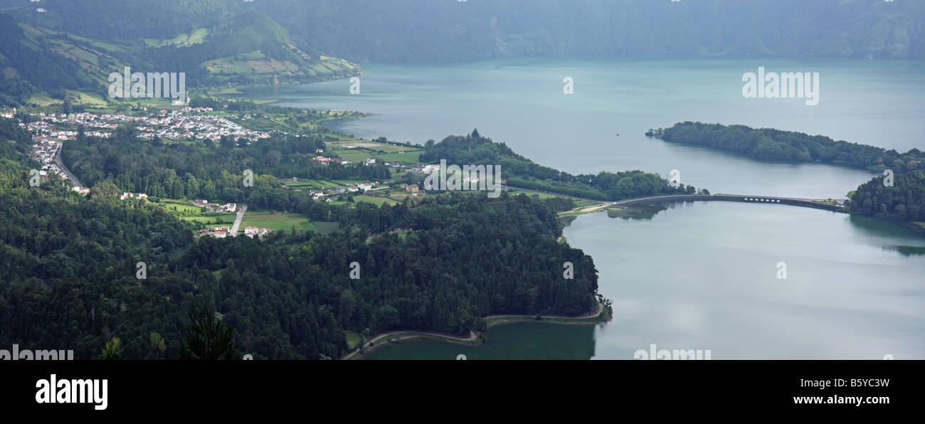 Panoramic view of the twin lakes Lagoa Verde and Lagoa Azul and the city of Sete Cidades São Miguel Azores Portugal Stock Photo