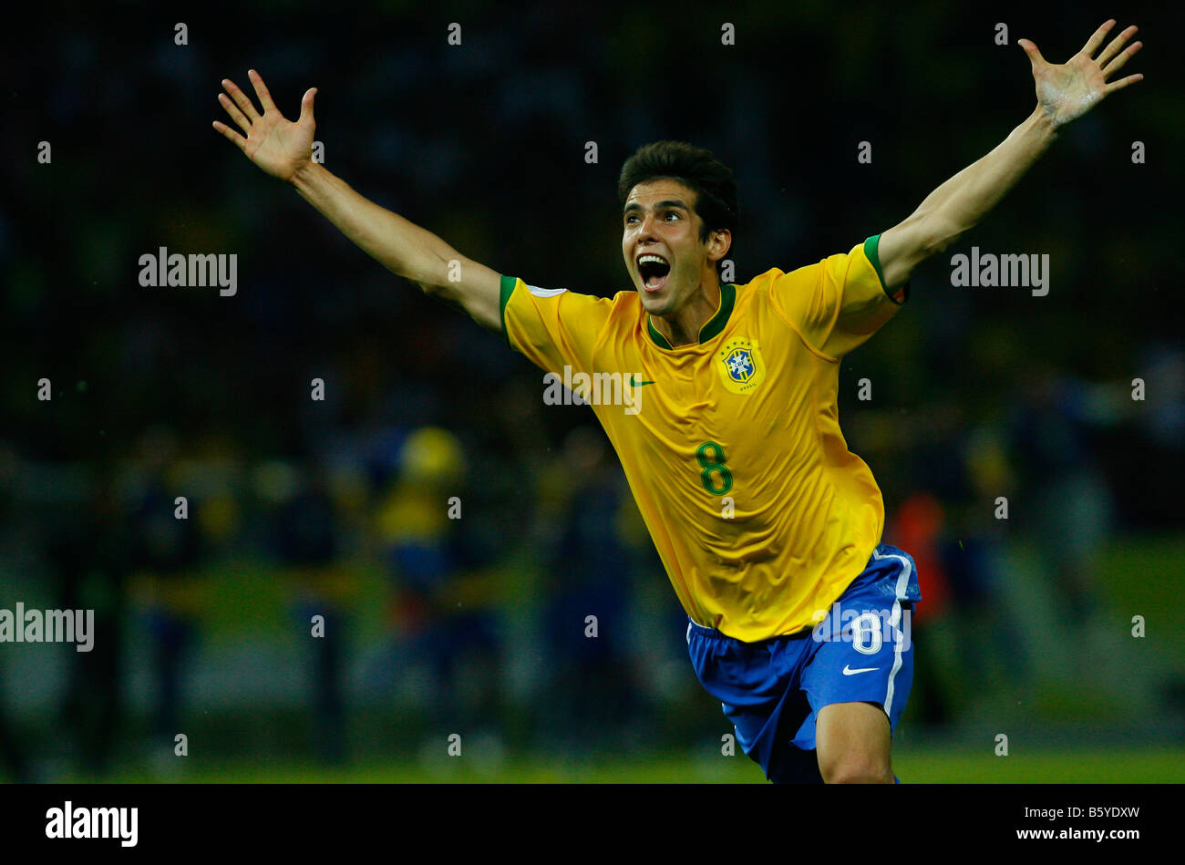 Kaka of Brazil celebrates scoring the opening goal during the FIFA World Cup Germany 2006 match between Brazil and Croatia. Stock Photo