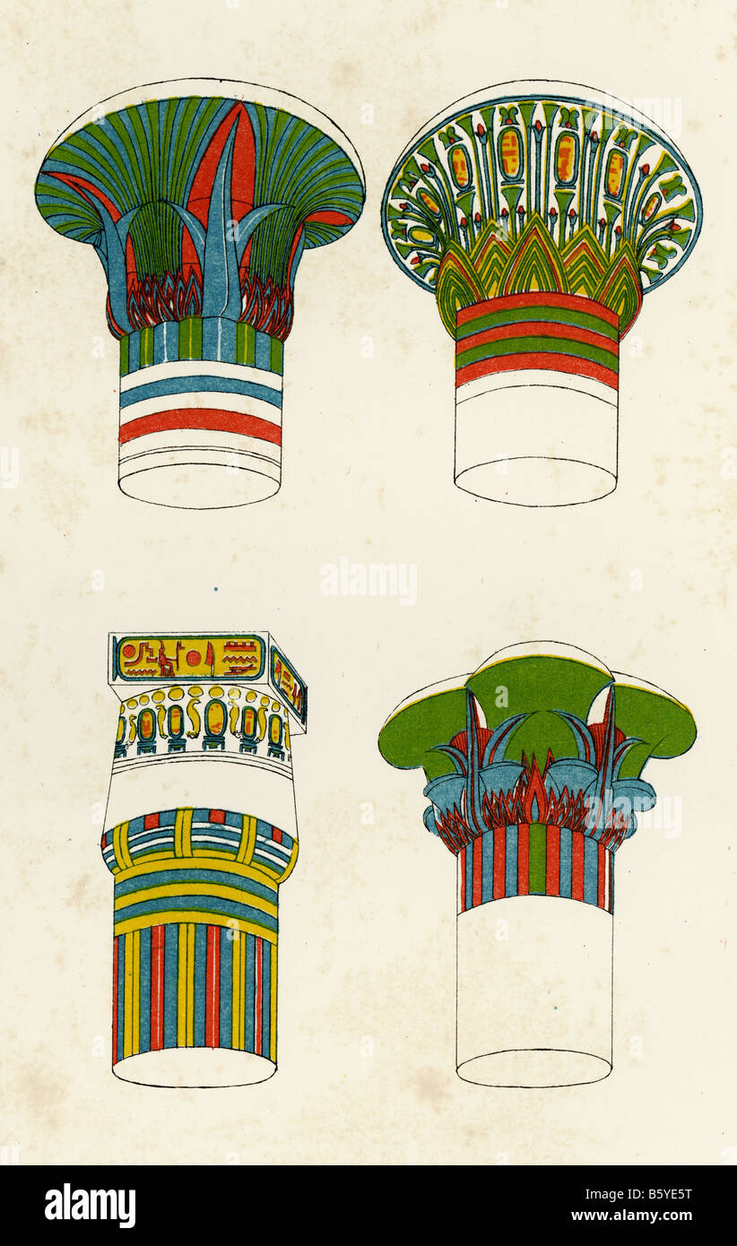 1864 color lithograph of Egyptian columns. Stock Photo