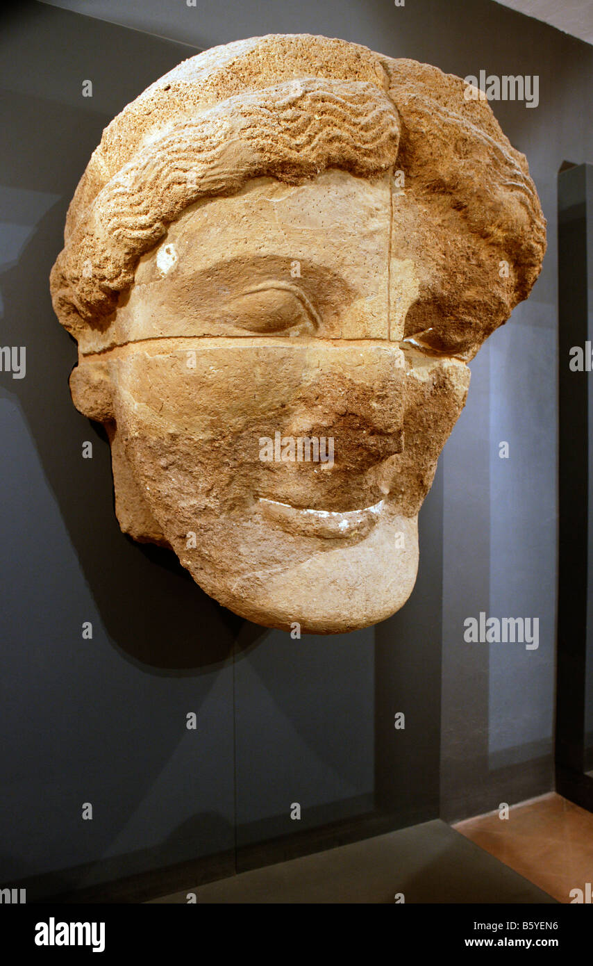 Large Stone Head, Archaeological Museum, Agrigento, Sicily Stock Photo