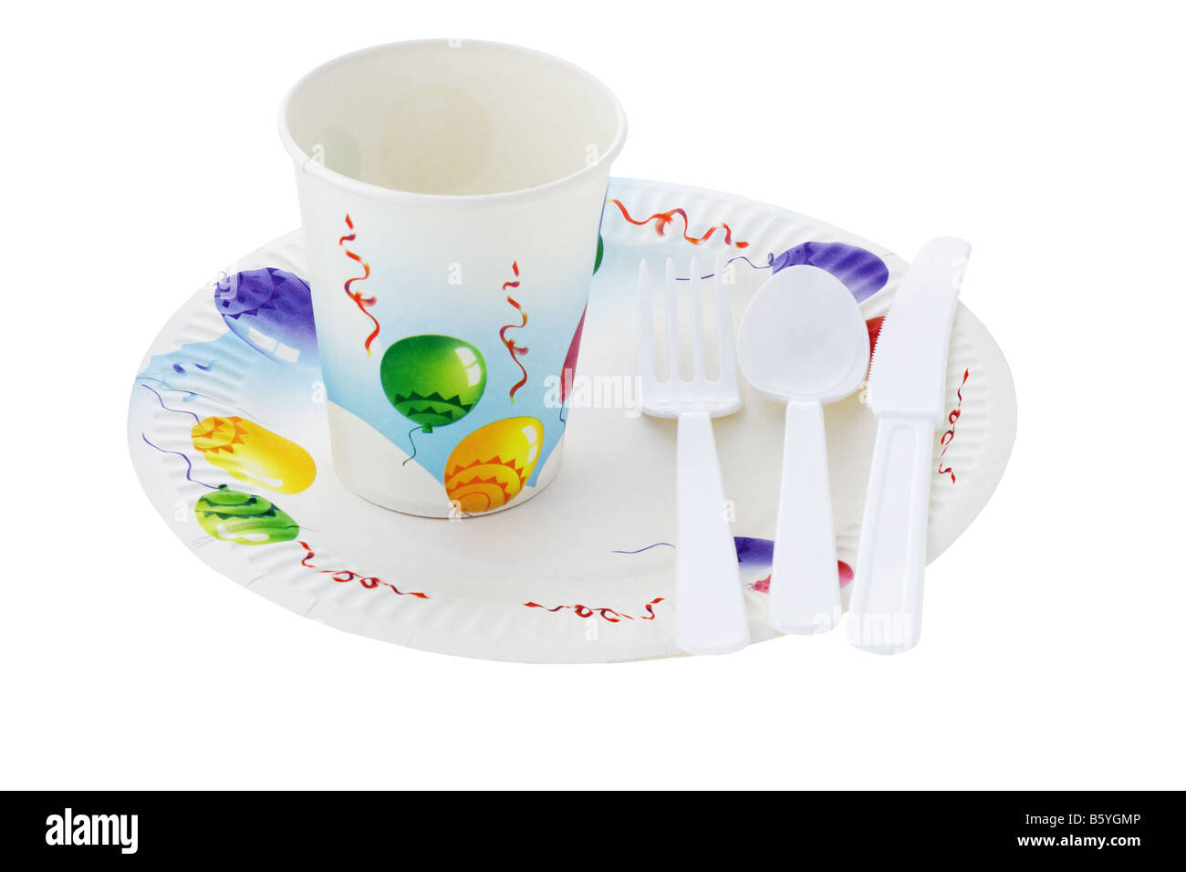 Disposable cup plate and cutlery on white background Stock Photo Alamy