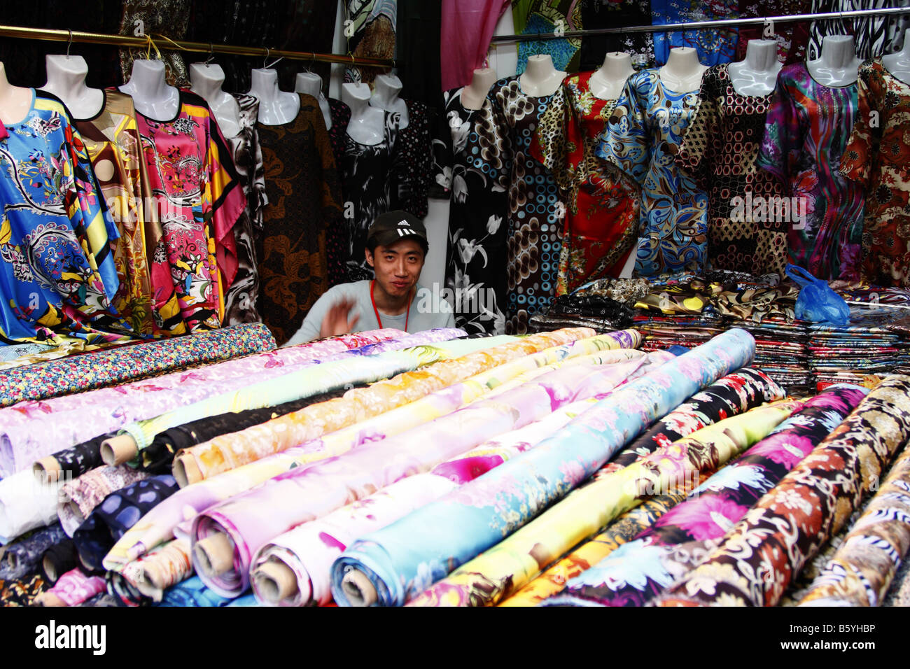 TEXTILE SHOP AT A FAIR IN DUBAI Stock Photo