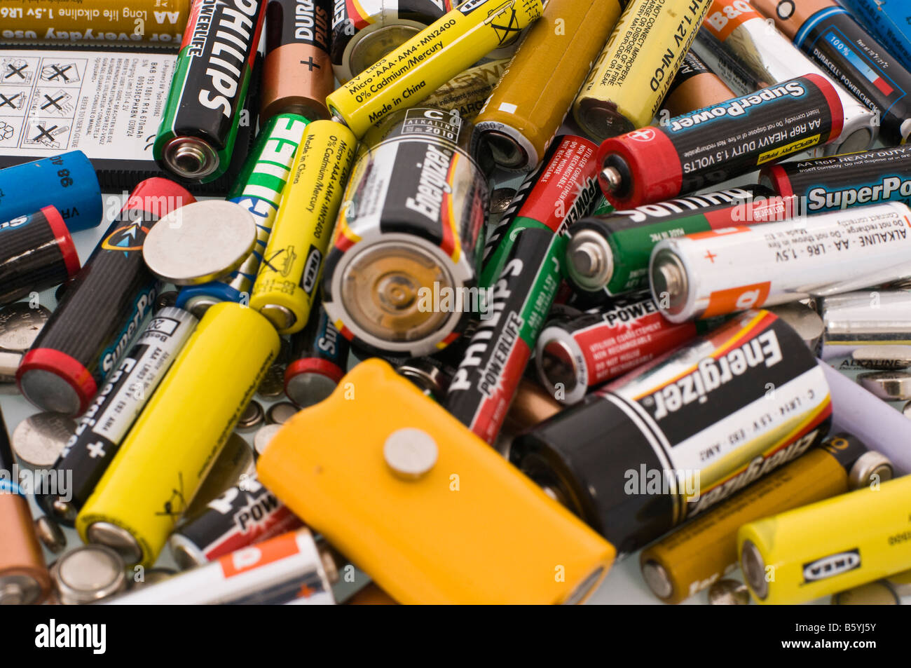 Pile of assorted batteries - closeup Stock Photo