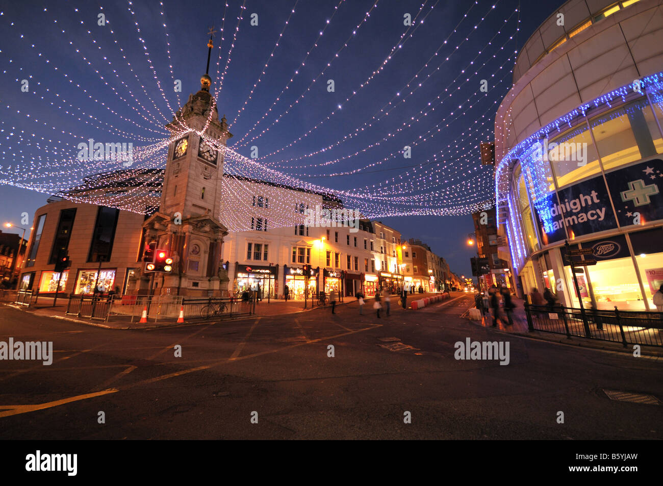 The Clock Tower covered in christmas lights, Brighton, East Sussex, UK