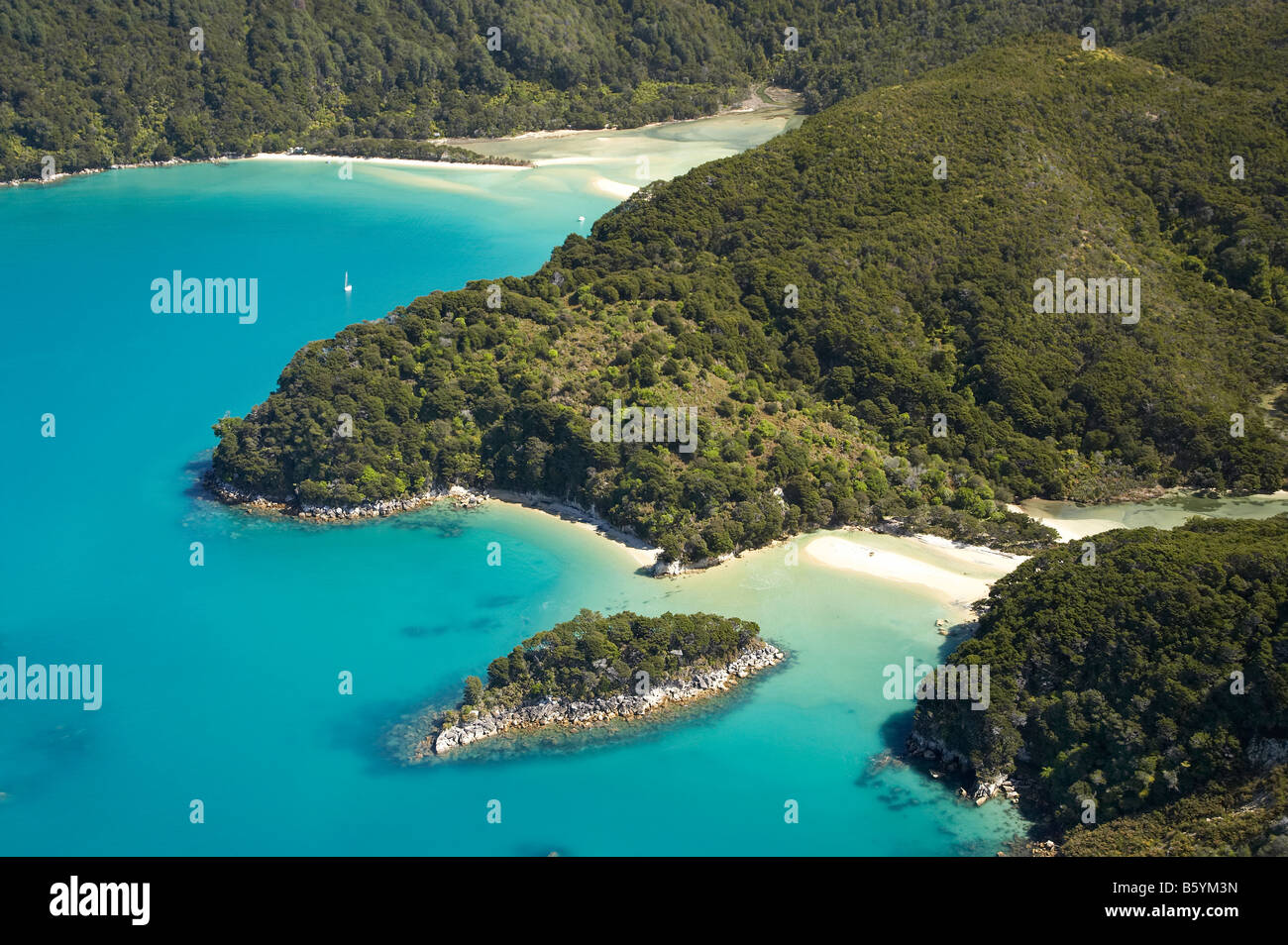 Mosquito Bay bottom right and Bark Bay top left Abel Tasman National Park Nelson Region South Island New Zealand aerial Stock Photo