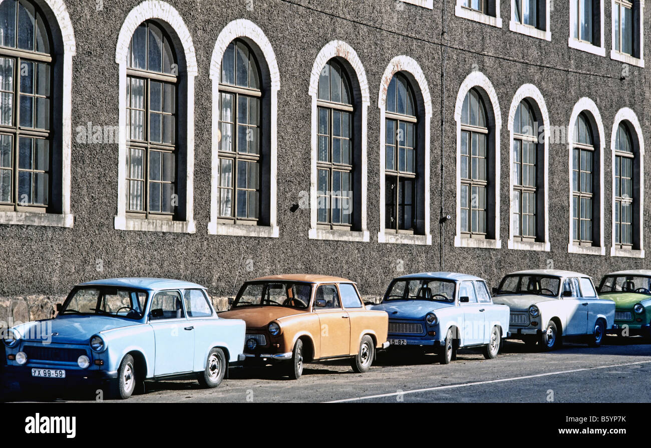 EAST GERMANY GDR ROW OF TRABANT CARS OUTSIDE FACTORY Stock Photo