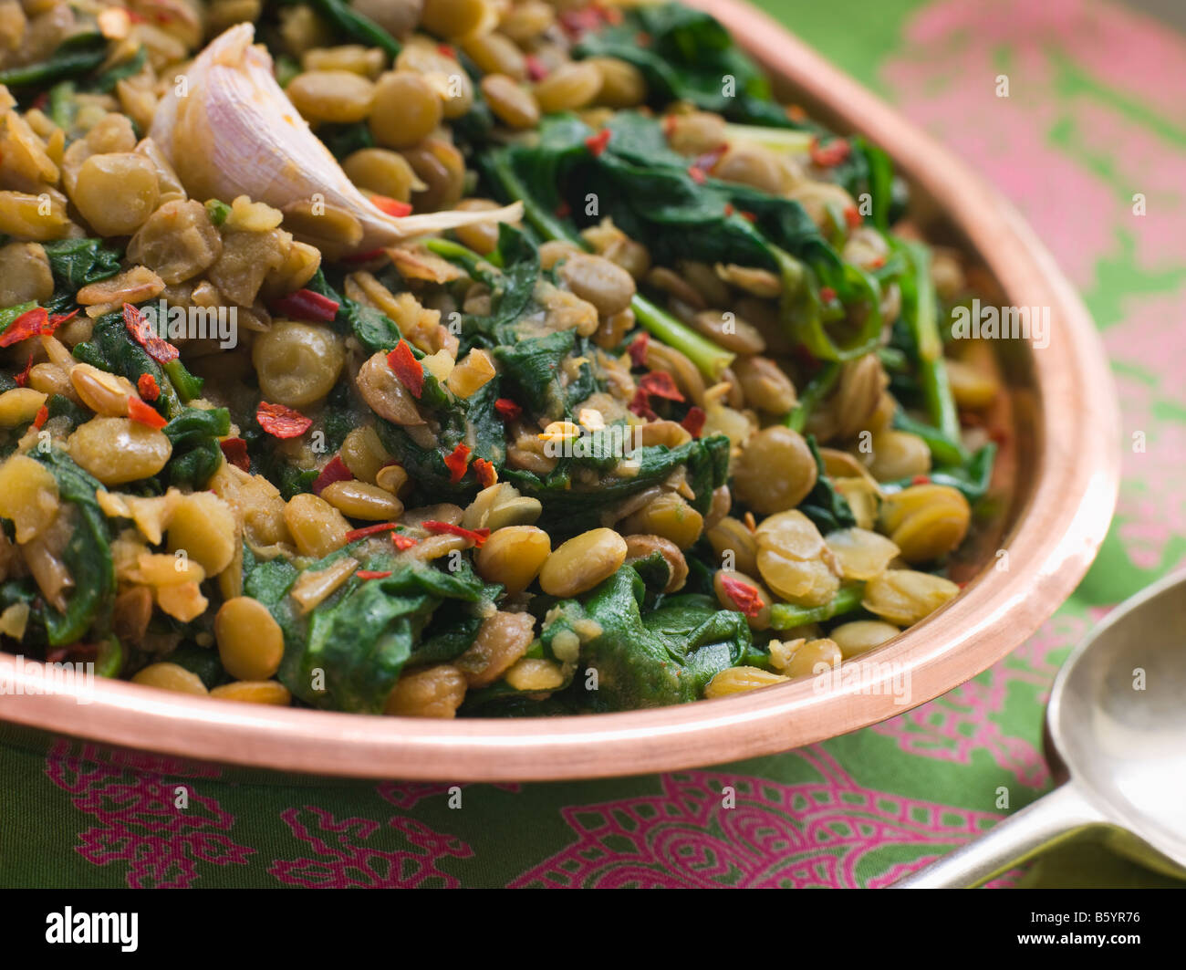 Lentils with spinach and Garlic Stock Photo