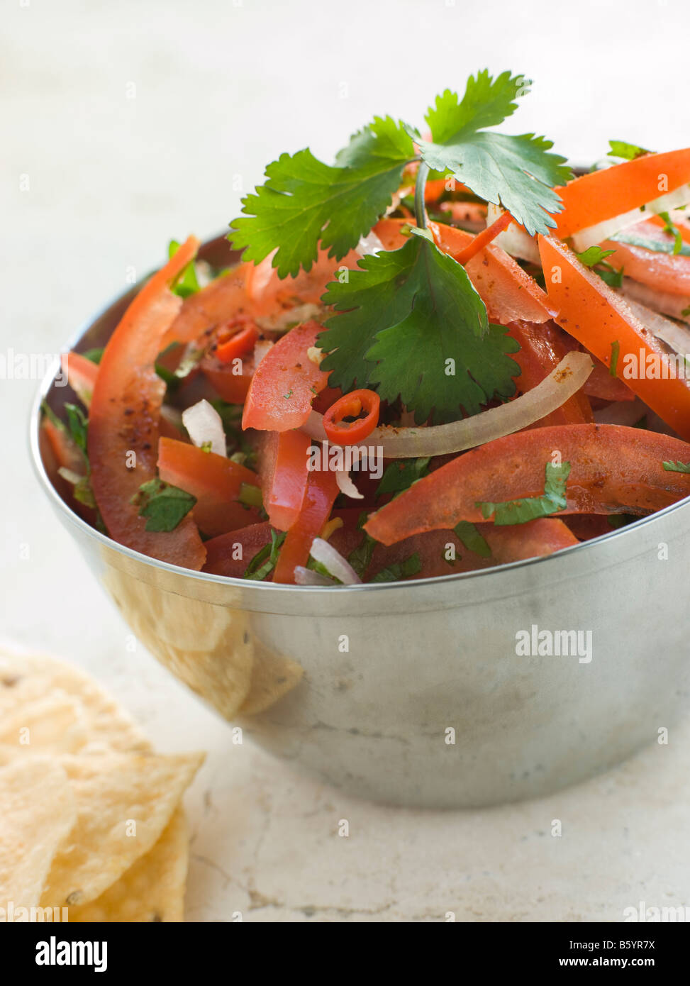 Dish of Tomato Red Onion and Coriander Relish Stock Photo