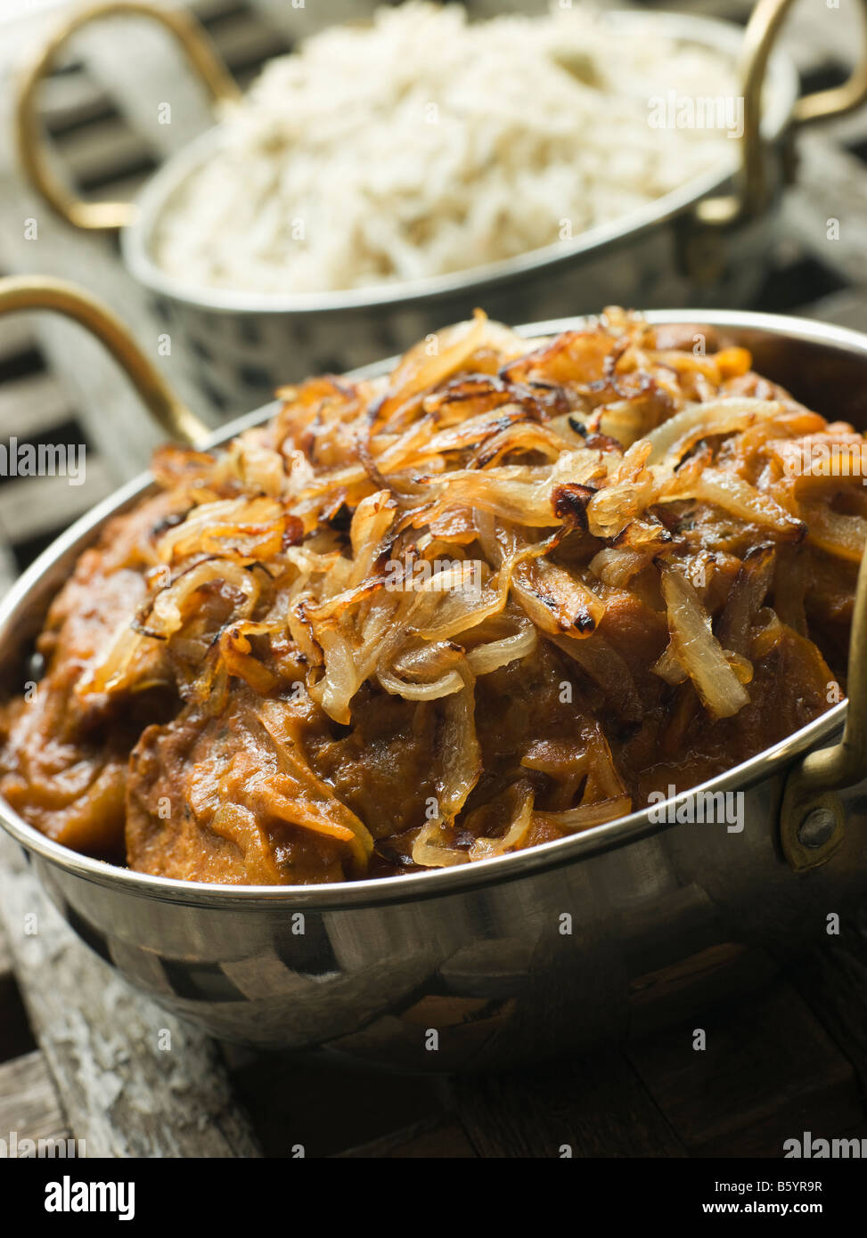 Dish of Dopiaza Veal with Fragrant Pilau Rice Stock Photo