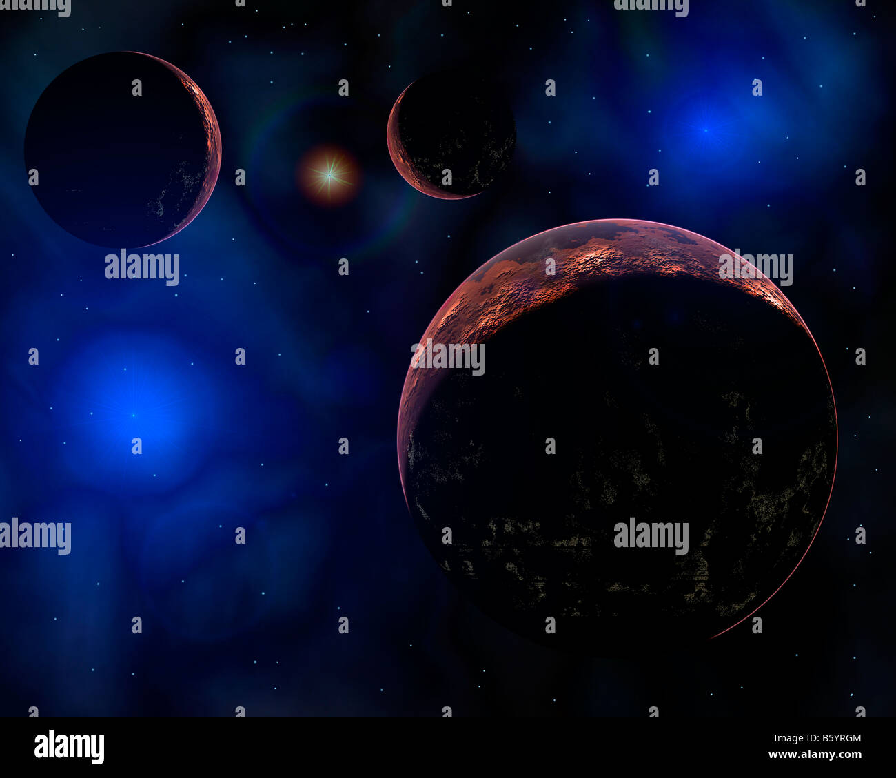 Three Alien Planets In orbit Near To Young Blue Stars Stock Photo
