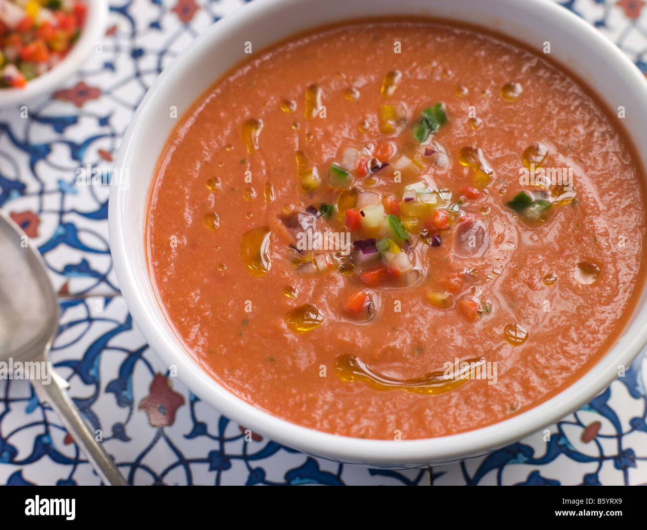 Bowl of Chilled Gazpacho Soup Stock Photo