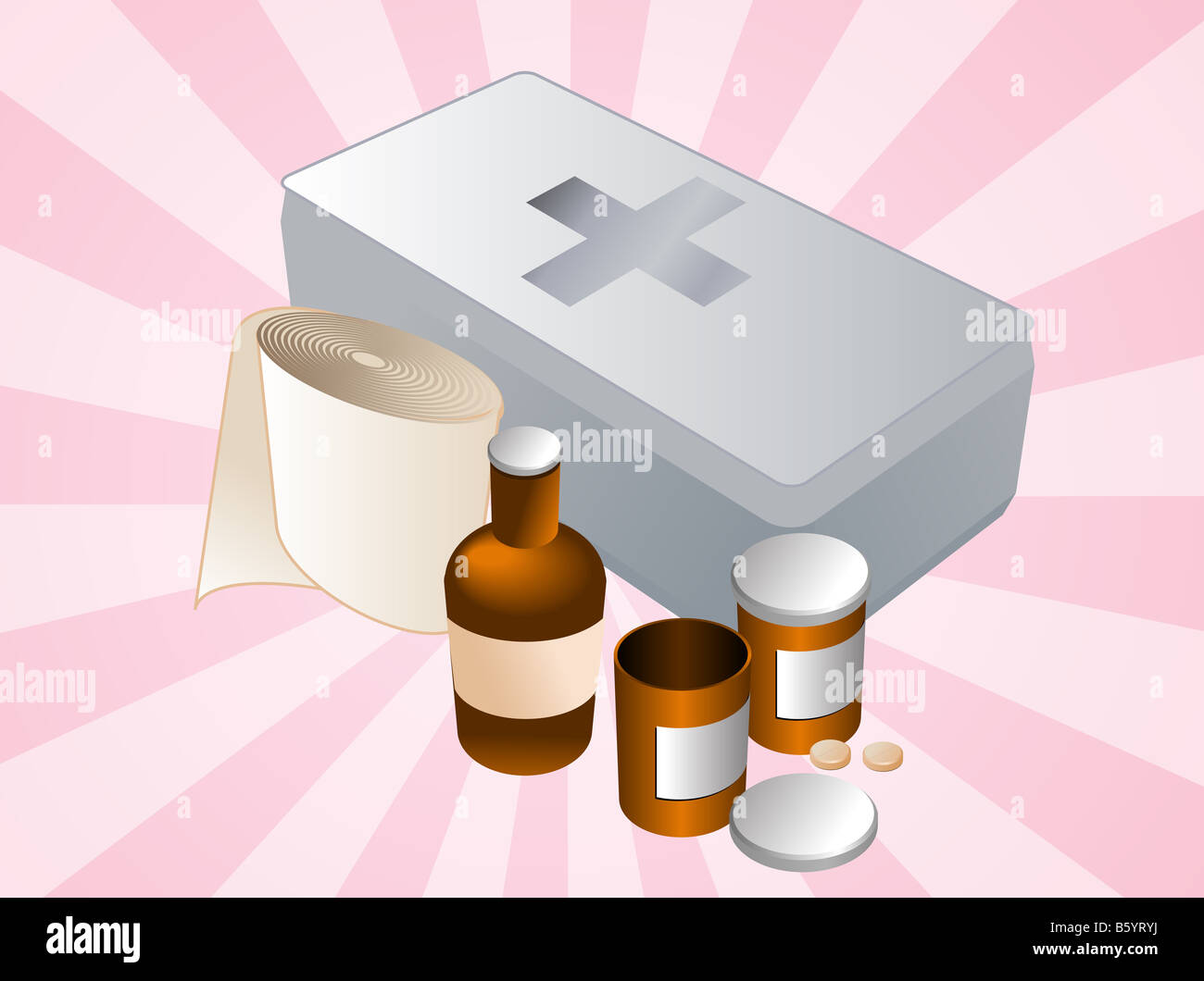 First aid kit and its contents including pills and bandages