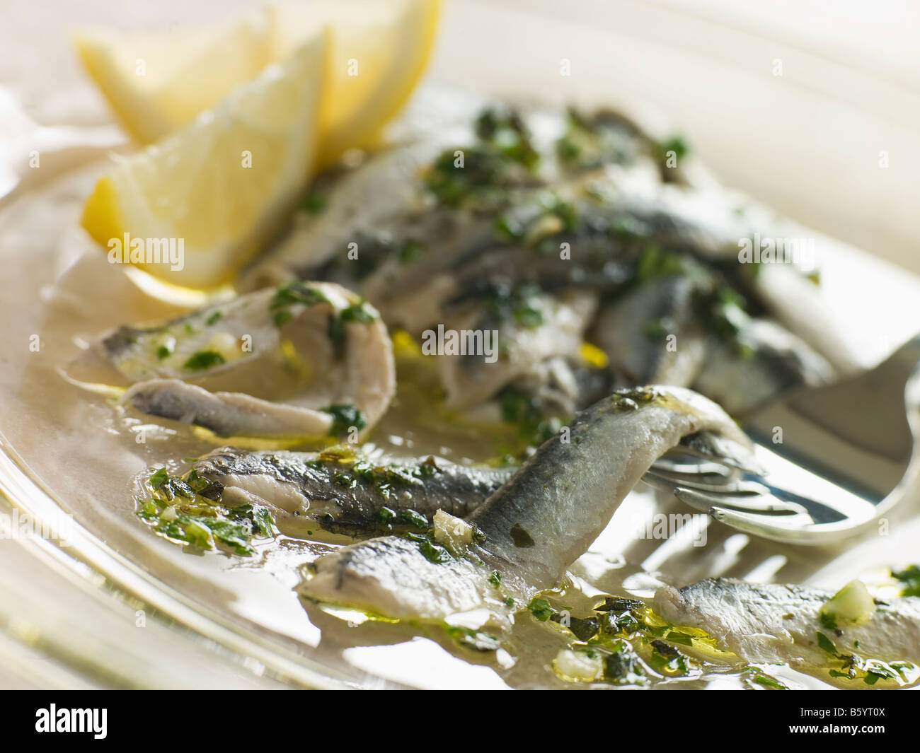 Anchovies marinated in Herbs Garlic and Lemon Stock Photo Alamy