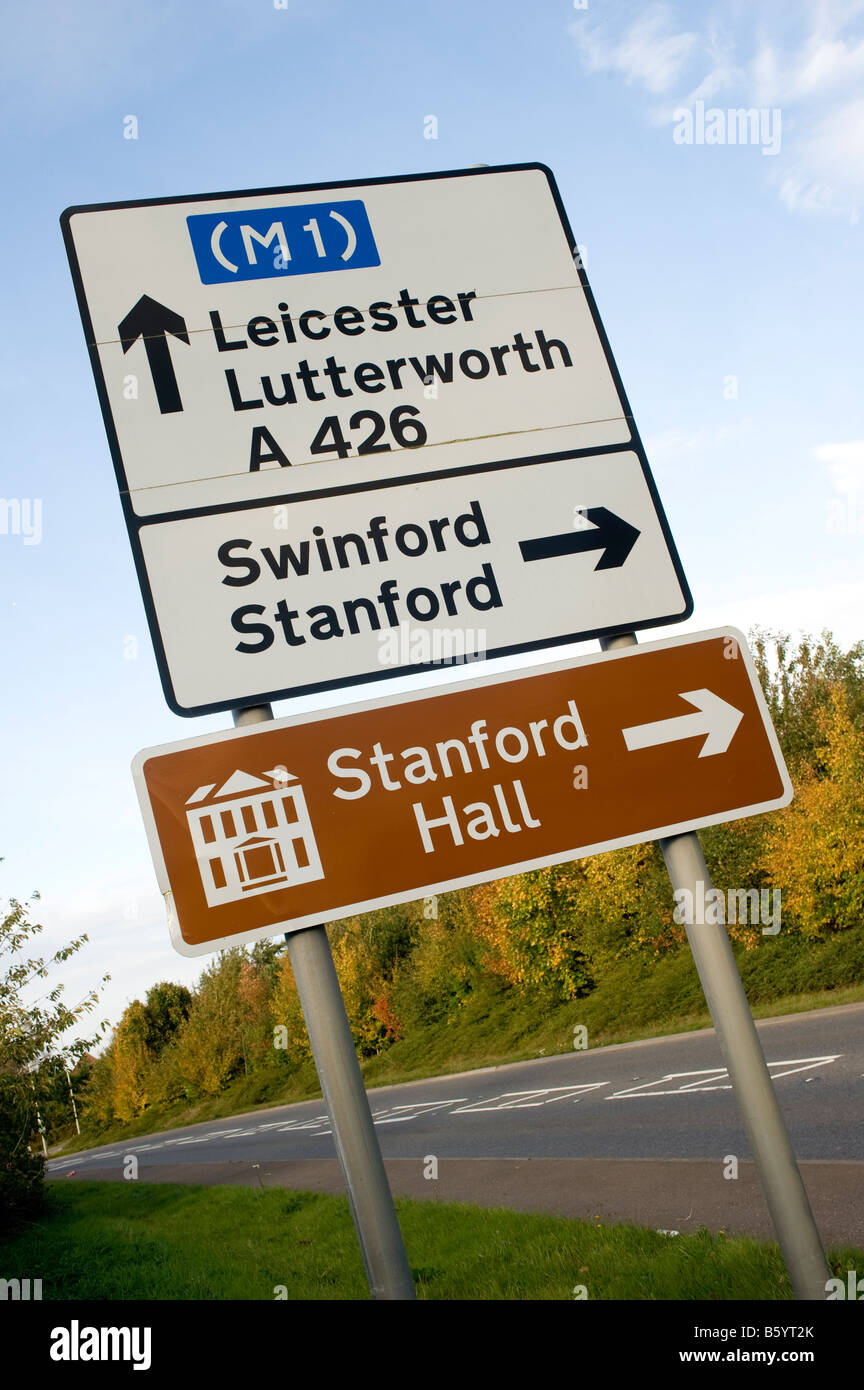 Road signs and a brown tourist information sign in Leicestershire, uk Stock Photo