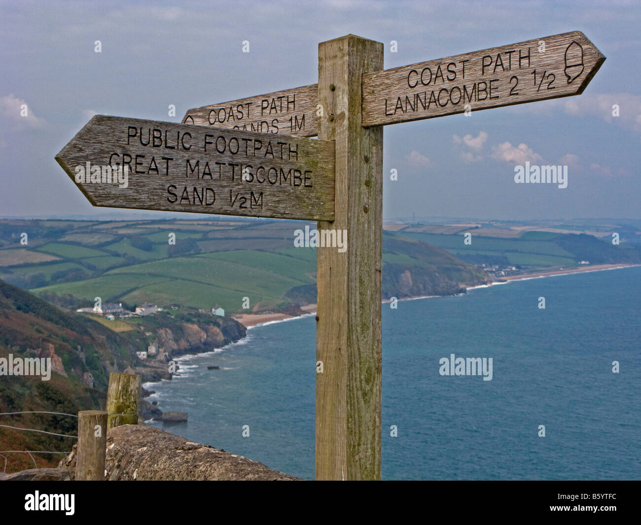 Coastal Path Signpost, South Devon, UK Stock Photo