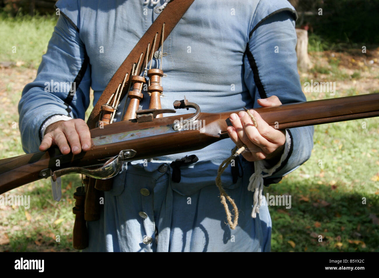 Historical reenactor demonstrating the matchlock rifle of the 1600's at Henricus Virginia, the