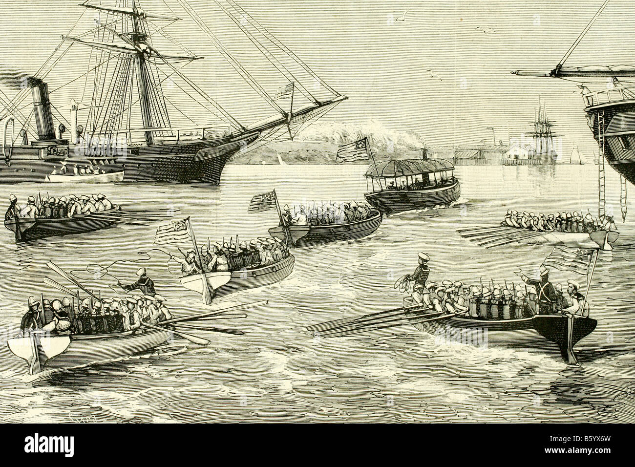 American troops landing in Colon (Colombia) to occupy the Panama Canal, at that time in construction. Antique illustration. 1885 Stock Photo