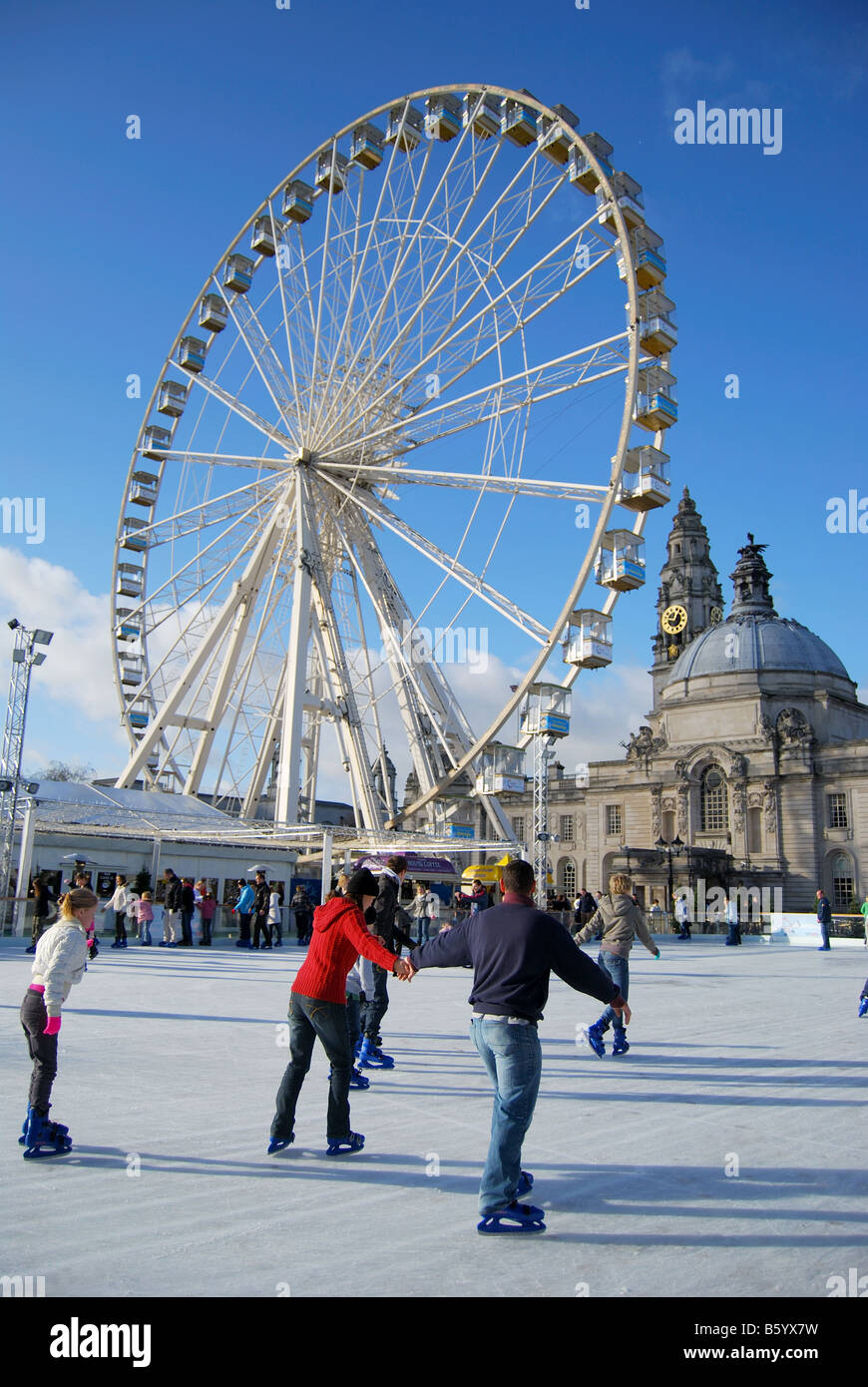 Winter Wonderland Ice Skating rink with Big Wheel, City Hall Gardens, Cardiff, Wales, United