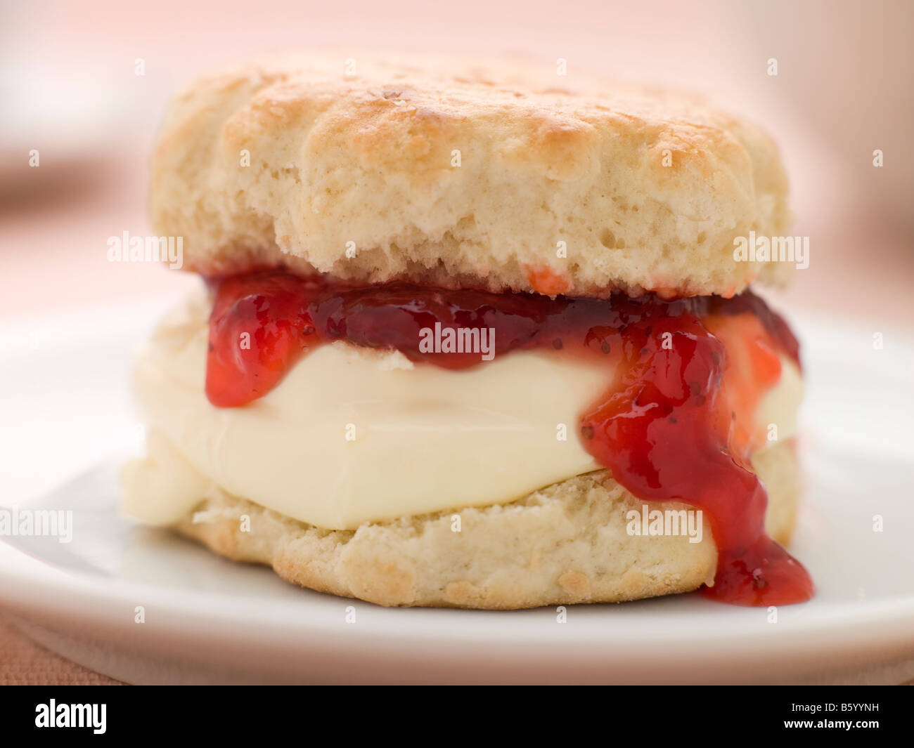 Scone Filled with Strawberry Jam and Clotted Cream on a plate Stock Photo