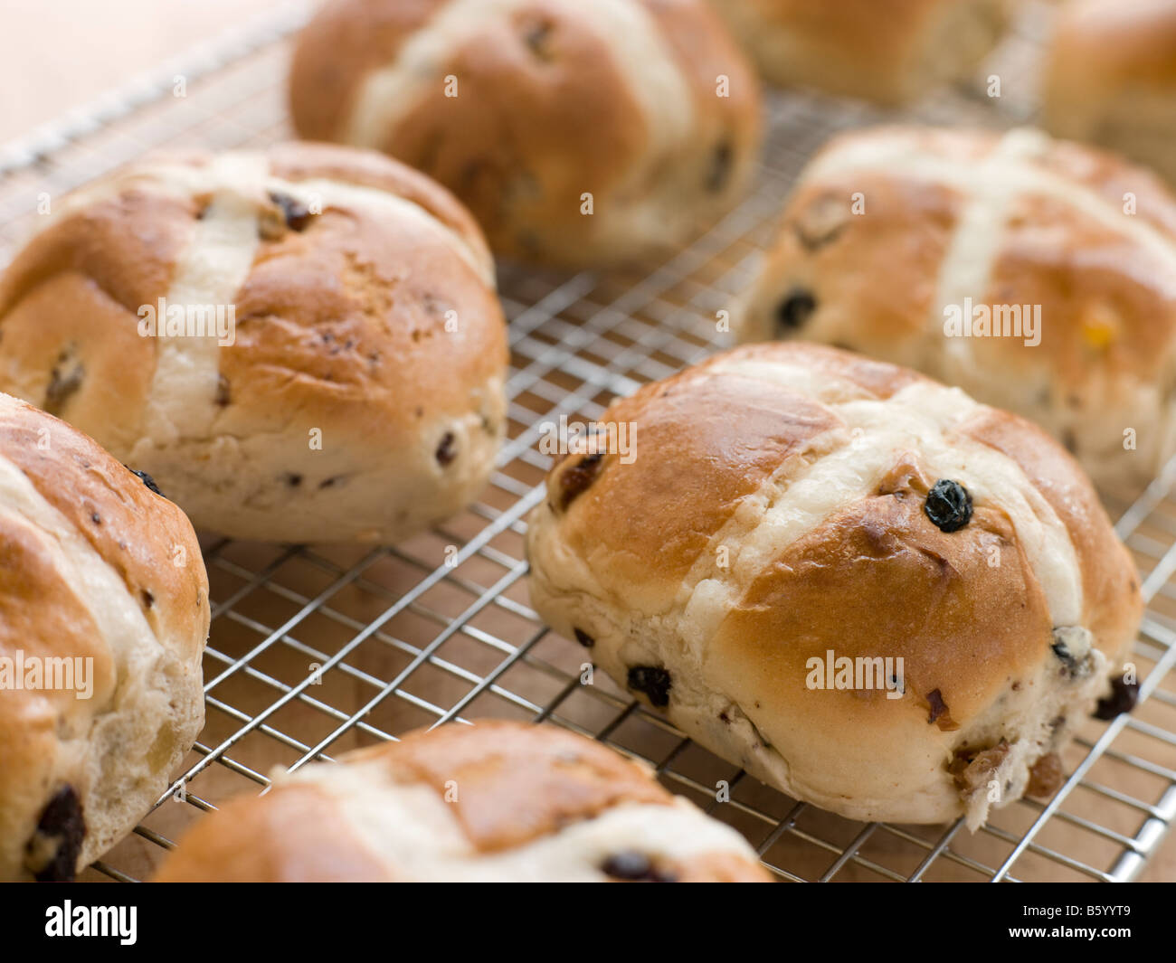 Hot Cross Buns on a cooling rack Stock Photo