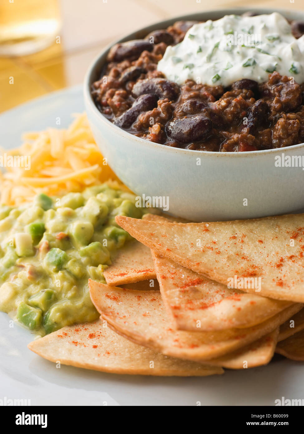 Bowl of Chilli with Tortilla Chips Stock Photo