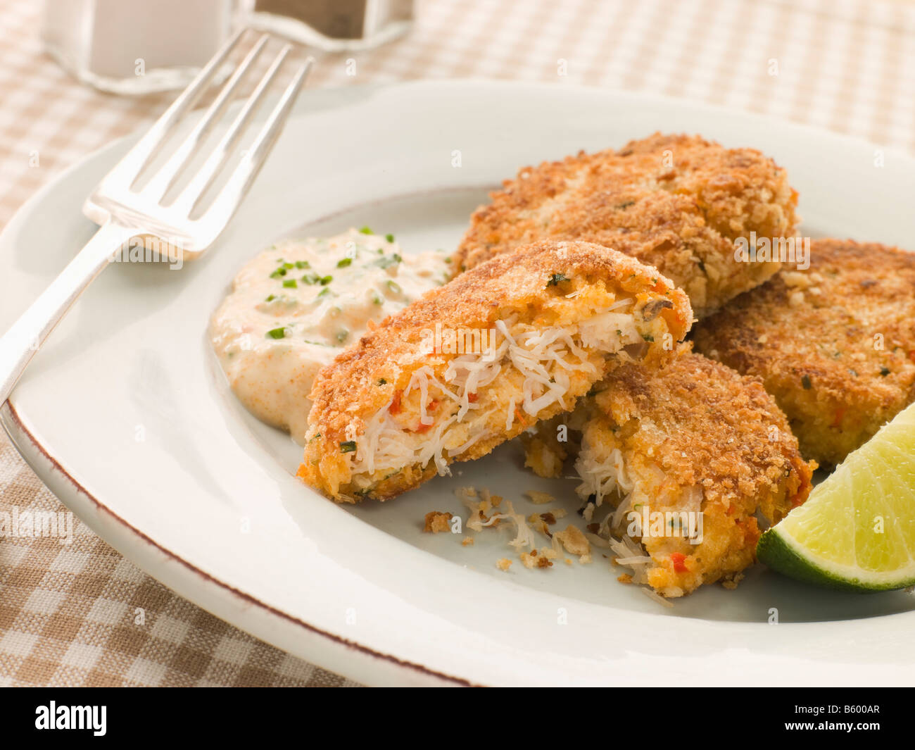 Maryland Crab Cakes with Curry Mayonnaise Stock Photo