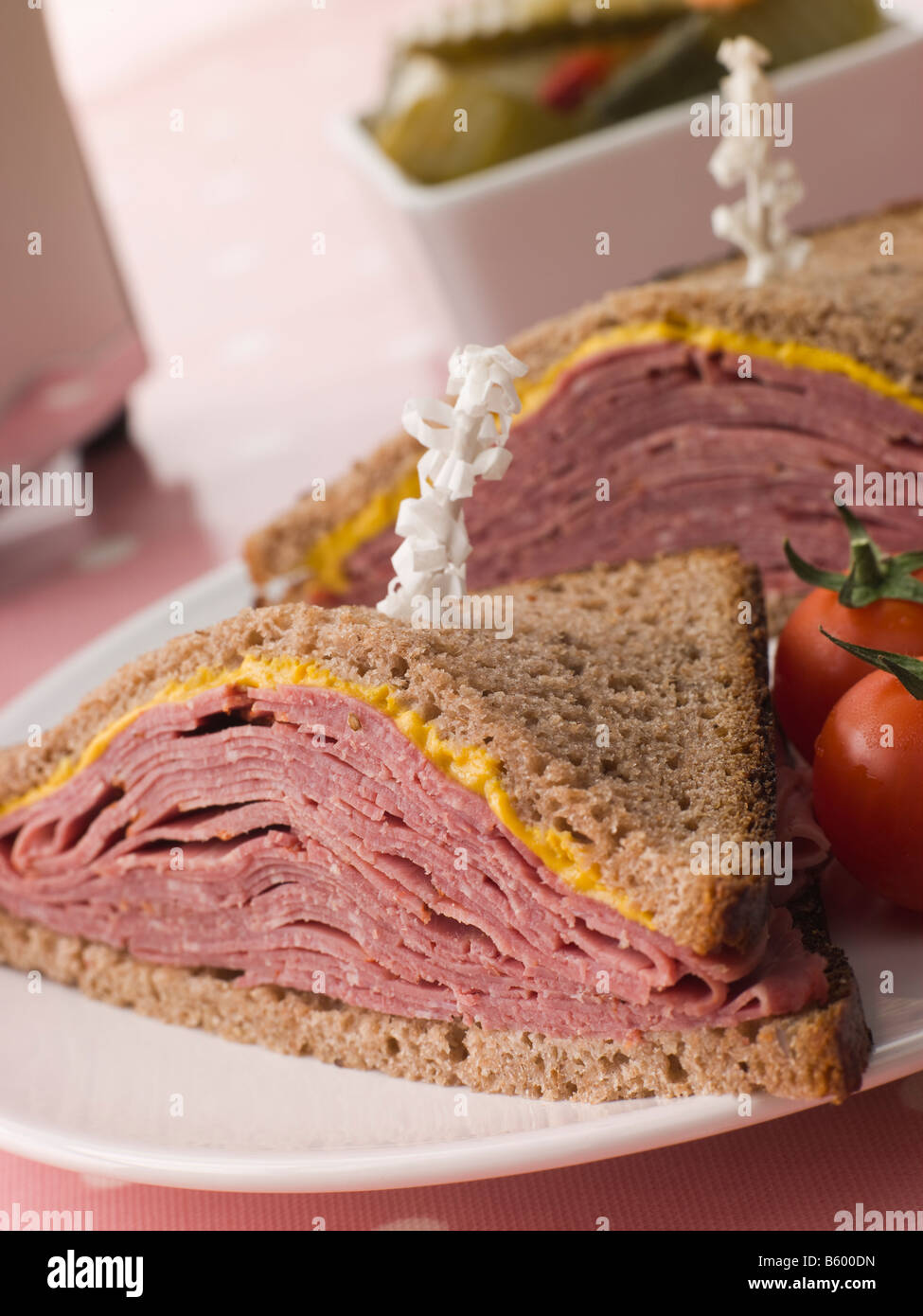Pastrami on Rye Bread with Mustard Stock Photo