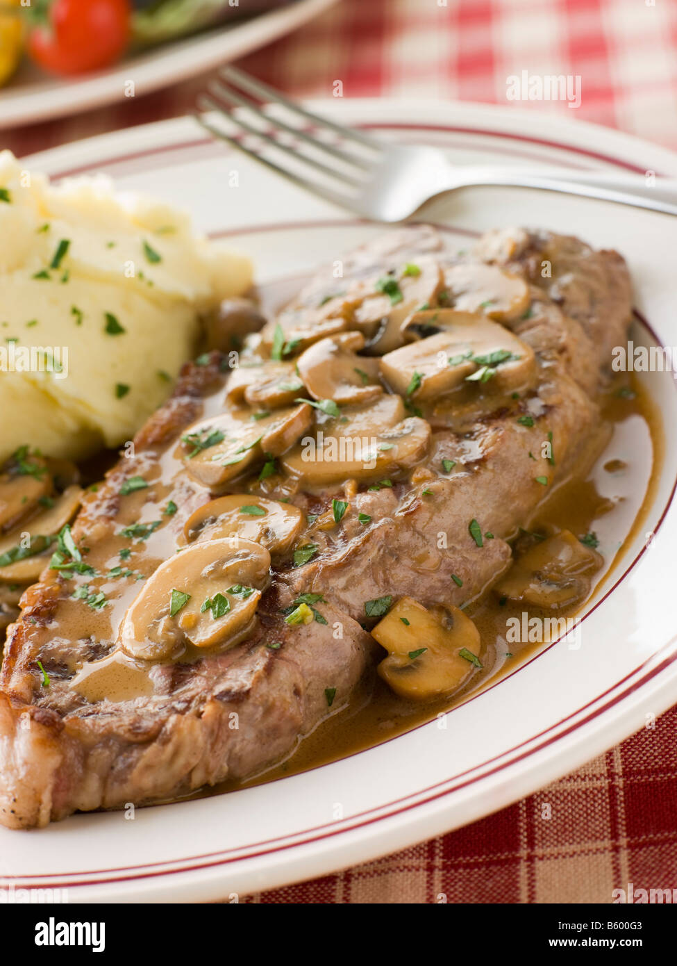 Steak Sirloin with Diane Sauce and Mash Potato Stock Photo