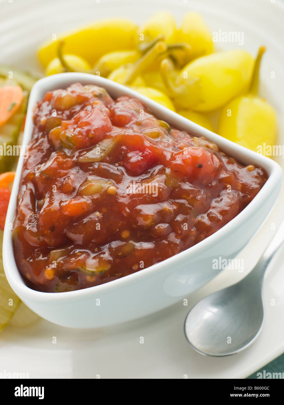 Pot of Burger Relish with Pickled Californian Chillies Stock Photo