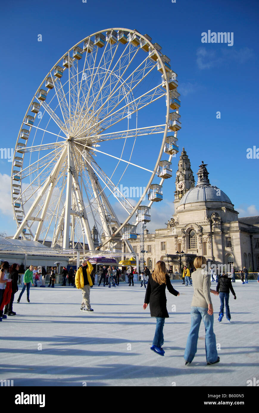 Winter Wonderland Ice Skating rink with Big Wheel, City Hall Gardens, Cardiff, Wales, United