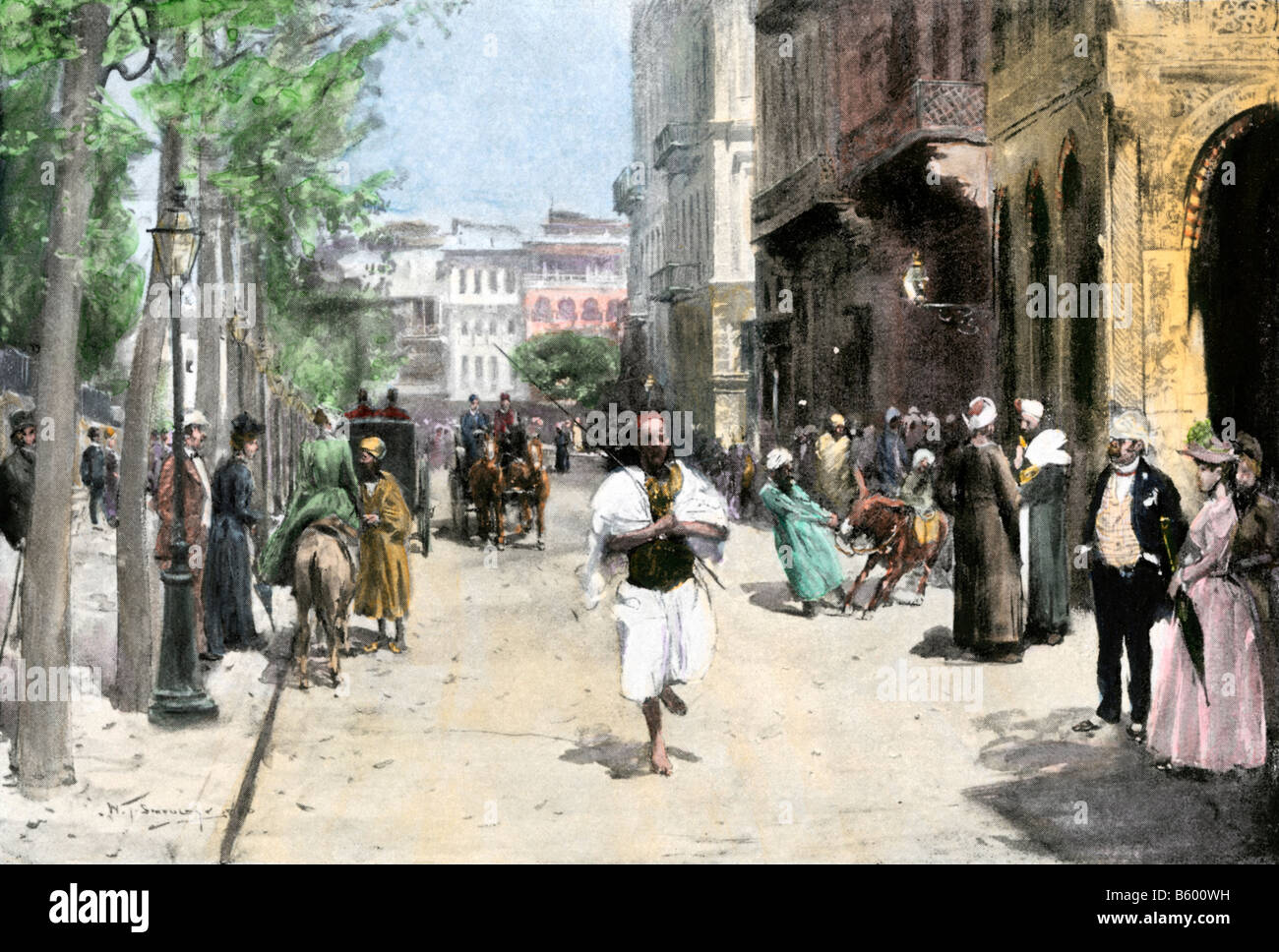 Street activity in the new quarter of Cairo circa 1890. Hand-colored halftone of an illustration Stock Photo