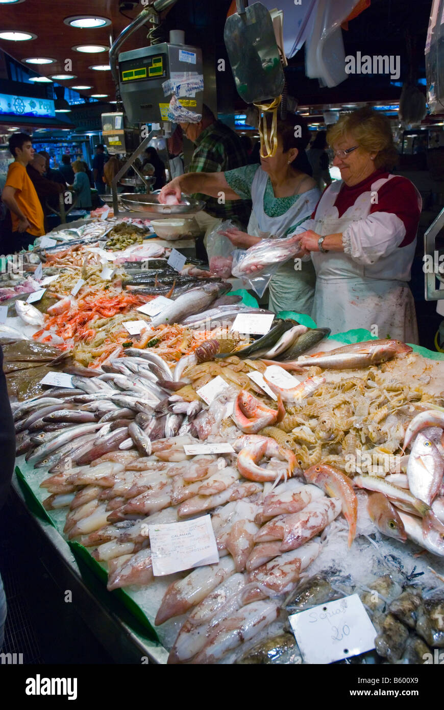Fish and seafood stalls at La Boqueria market in Barcelona
