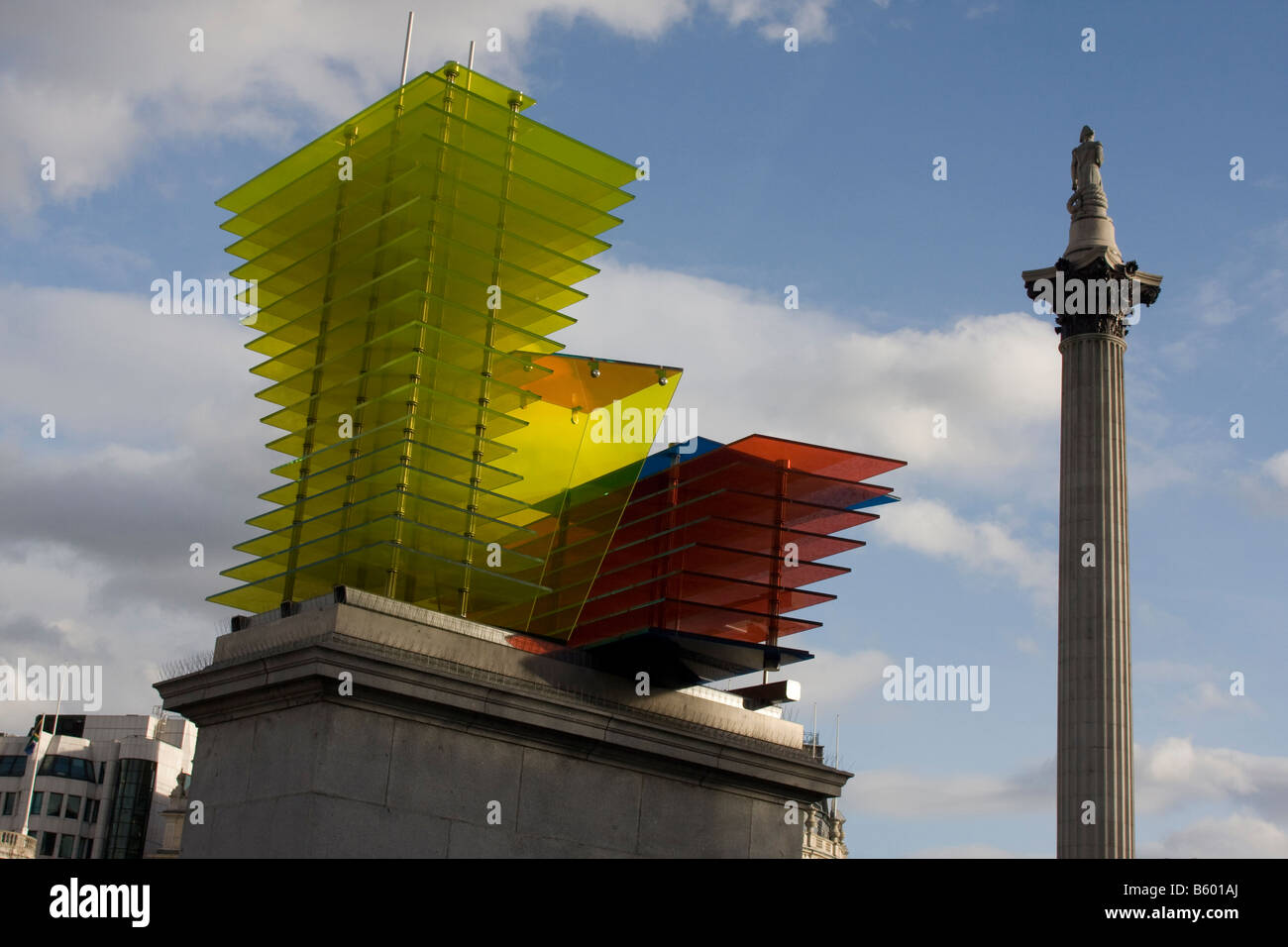 Thomas Schütte’s sculpture “Model for a Hotel 2007” on the Fourth Plinth and Nelson”s Column in Trafalgar Square London GB UK Stock Photo