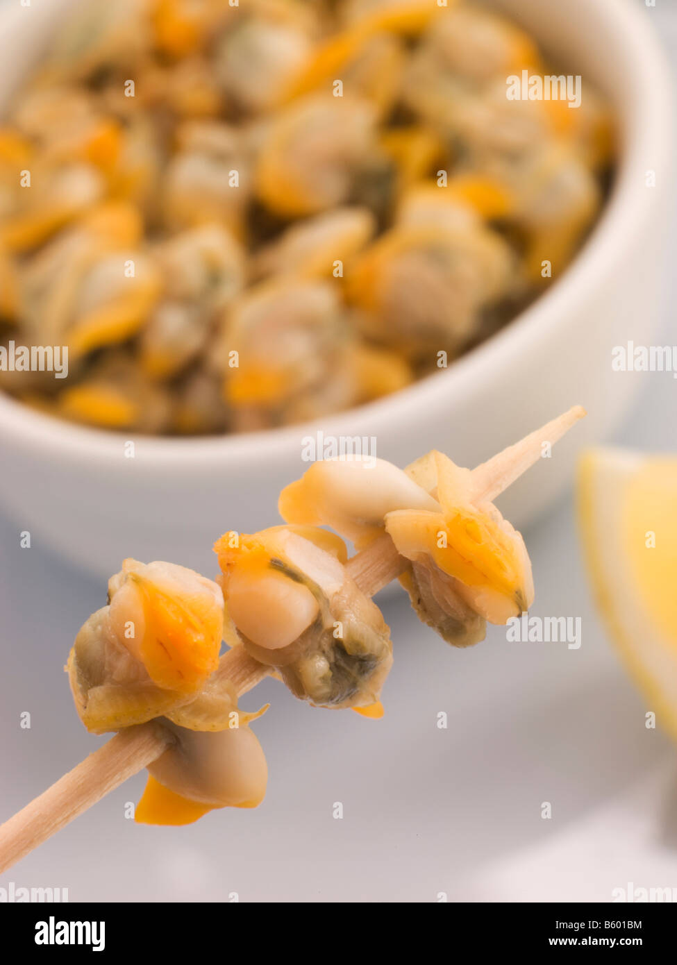 Pickled Cockles on a Cocktail Stick Stock Photo