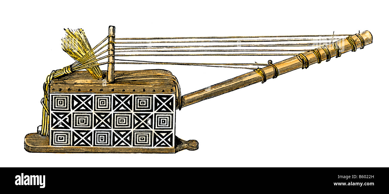Sanko, an Ashanti stringed instrument from West Africa 1870s. Hand-colored woodcut Stock Photo