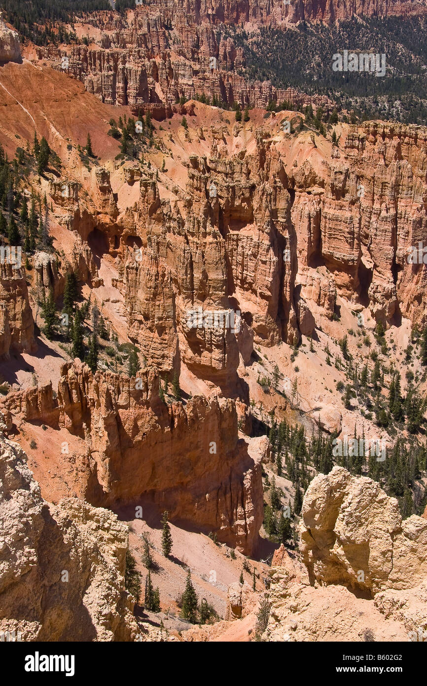 Overview of the trails and red rock formations and hoodoo's of Utah's Bryce Canyon. Stock Photo