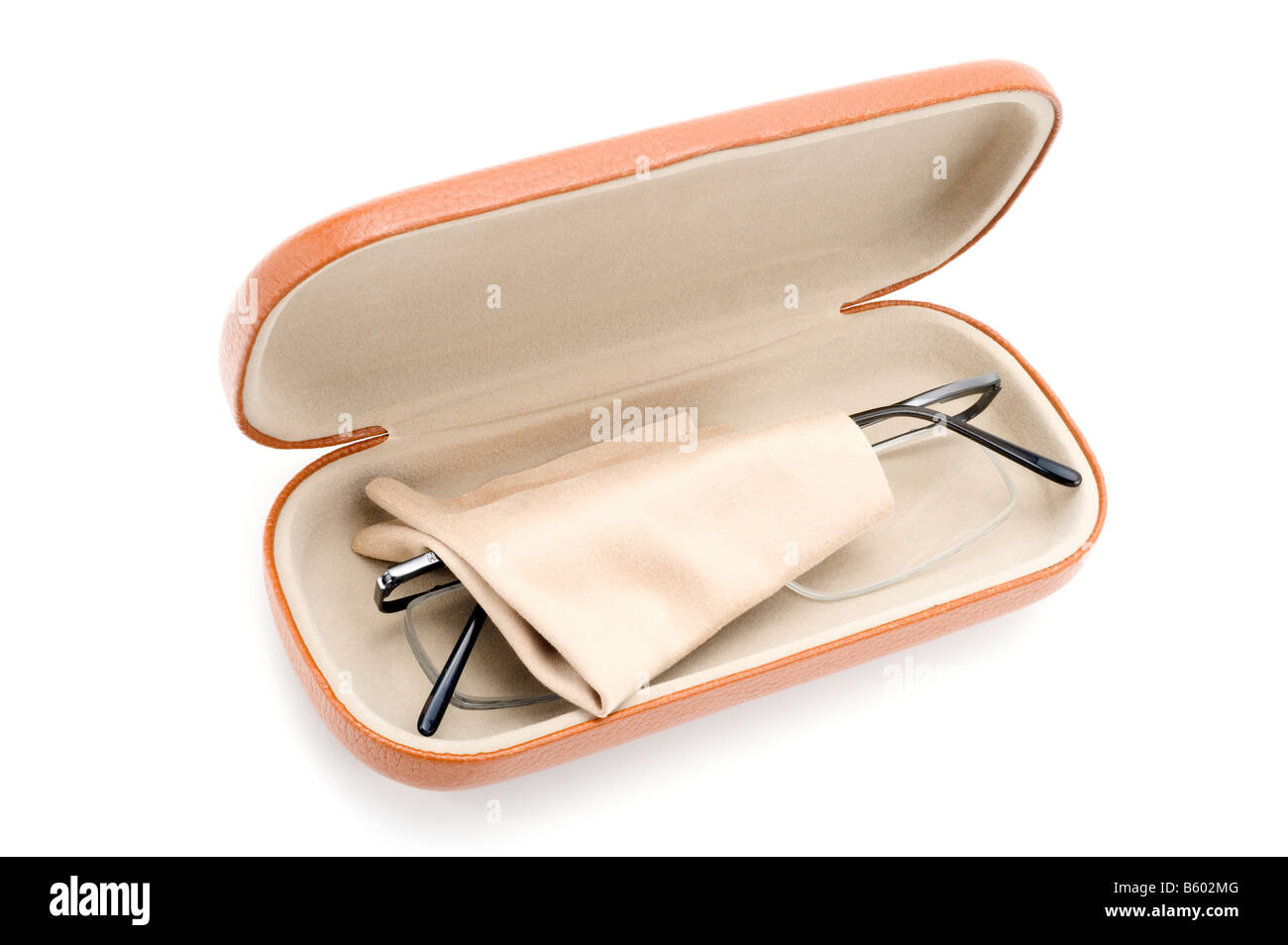 Pair of man's spectacles in a leather lined case with lens cleaning cloth Stock Photo