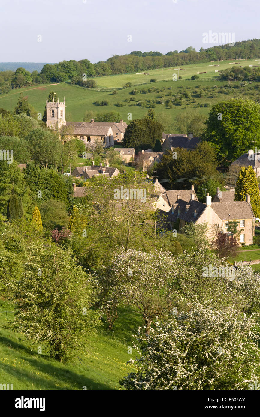 An early morning view of the Cotswold village of Naunton in the valley of the infant Gloucestershire Stock Photo