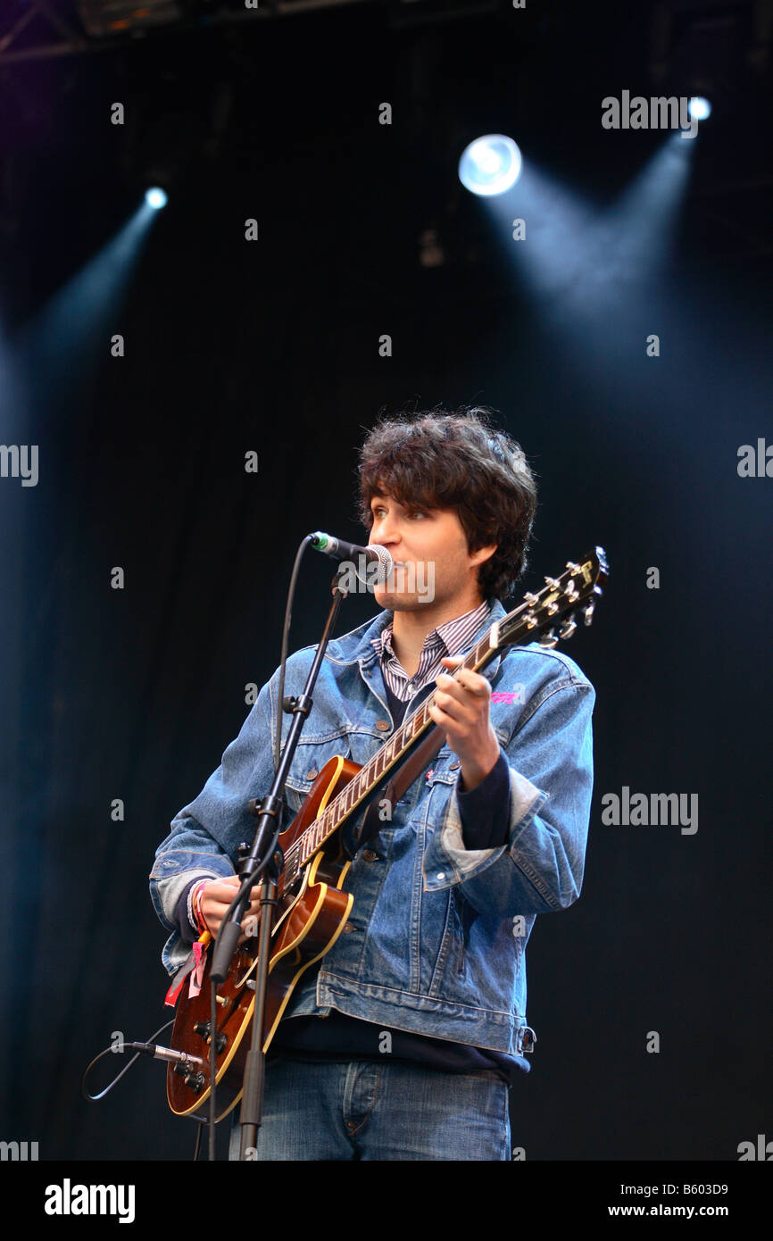 Vampire Weekend pop group band lead singer Ezra Koenig performing live on stage at Glastonbury