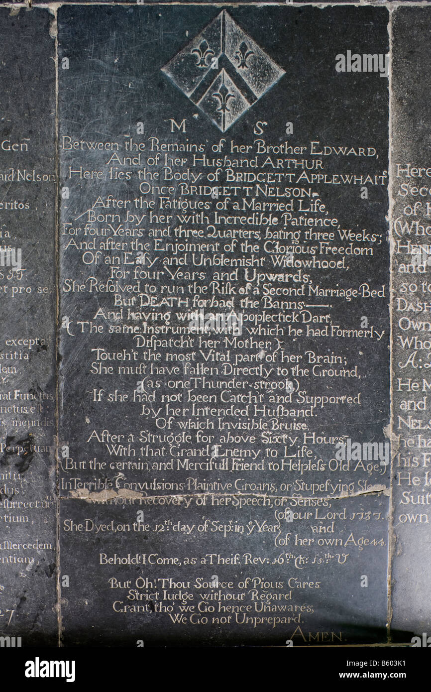Memorial to Bridgett Applewhaite who appears to have had a stroke on her wedding day in St Andrews church Bramfield, Suffolk Stock Photo